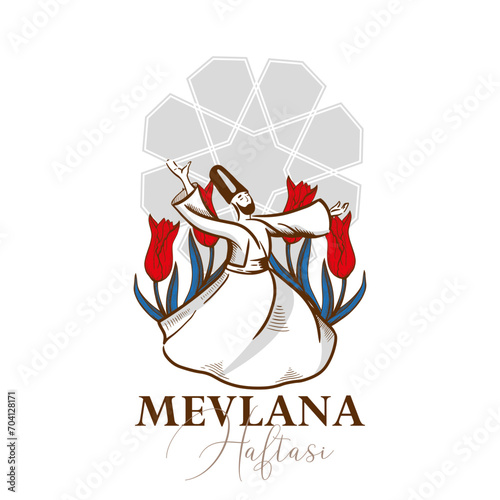 Happy Mevlana Rumi Day. Traditional Sufi Festive Mevlana banner Template with Dervish Whirling in religious dance.