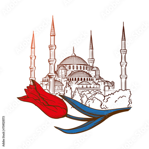Hand Drawn Sketch of Blue Mosque Sultan Ahmet in Istanbul with Ret Tulip to Festive banners of Eid-al-Fitr. Vector illustration to Muslim holidays. Vector illustration to holidays.