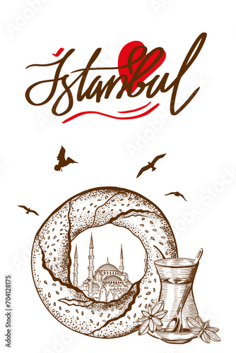Sketch Drawing of the Blue Mosque, Tulip, bagel, and Glass of Tea symbols of Istanbul, Turkey. Turkish Tourist Attractions banner.
