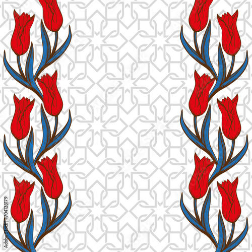 Floral border of red tulips, a symbol of Turkey culture with Eastern Traditional Ornament. #704128179