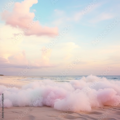 Pink cotton clouds on beach at sunset photo