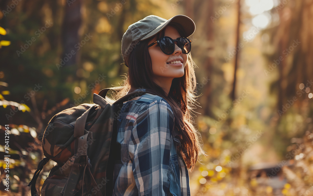 Beautiful tourist female in hat with backpack walks through the autumn forest, woman enjoying sunny autumn weather. Beautiful tourist female in hat with backpack walks through the autumn forest, woman enjoying sunny autumn weather.