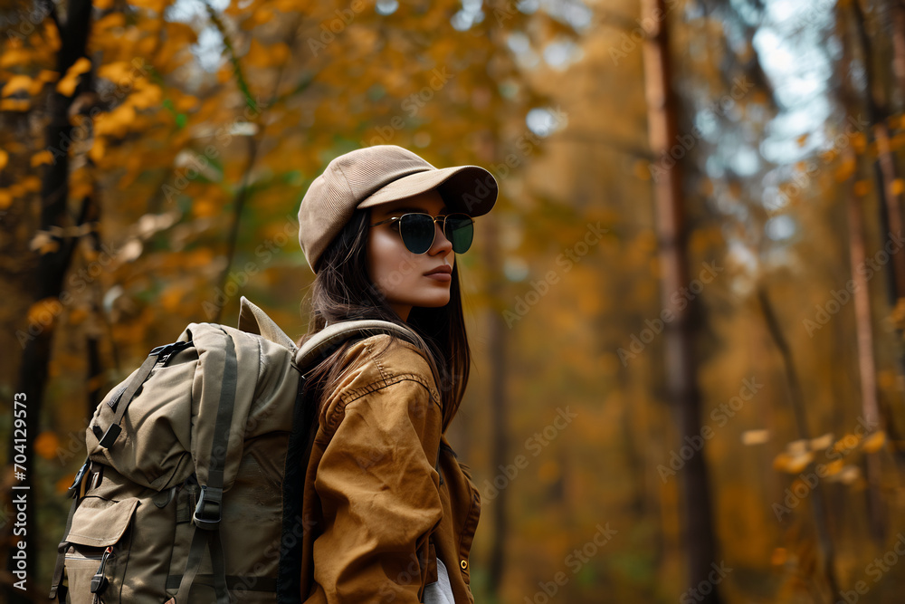 Beautiful tourist female in hat with backpack walks through the autumn forest, woman enjoying sunny autumn weather.