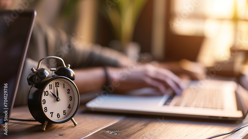 Close up of alarm clock on forefront with entrepreneur work on laptop in office on background, working process, workday, time management concept photo