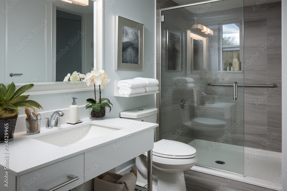 Fototapeta premium Modern bathroom with white vanity, gray tile shower, and large mirror