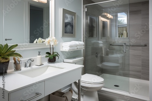Modern bathroom with white vanity  gray tile shower  and large mirror