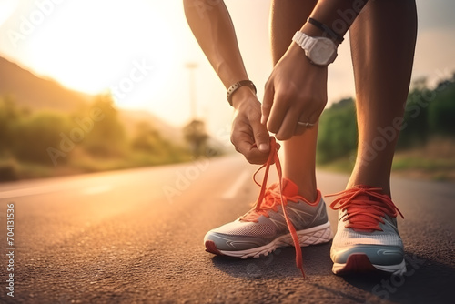 Runner athlete tying shoelaces on road. woman fitness jogging workout wellness concept.