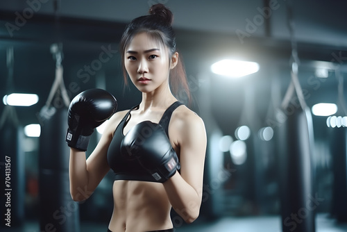 Portrait of beautiful sporty asian woman boxing in gym. © Richardo