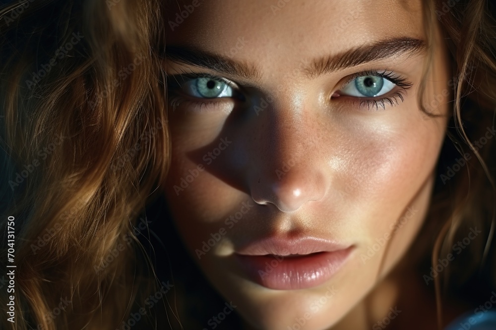 Portrait of a young woman with blue eyes and curly hair Portrait of a young woman with blue eyes and curly hair