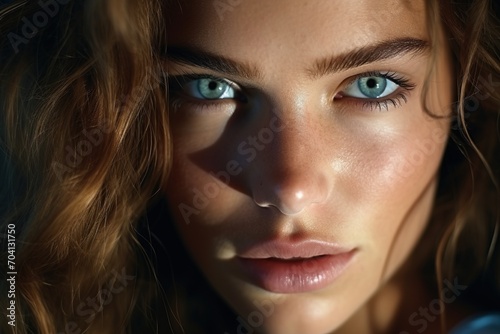 Portrait of a young woman with blue eyes and curly hair photo