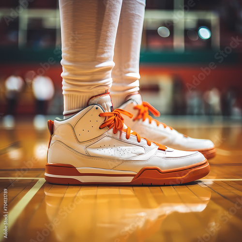 Close-up of a basketball player s sneakers on the court.