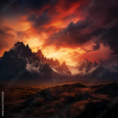 Dramatic sunset over a mountain range. © Cao