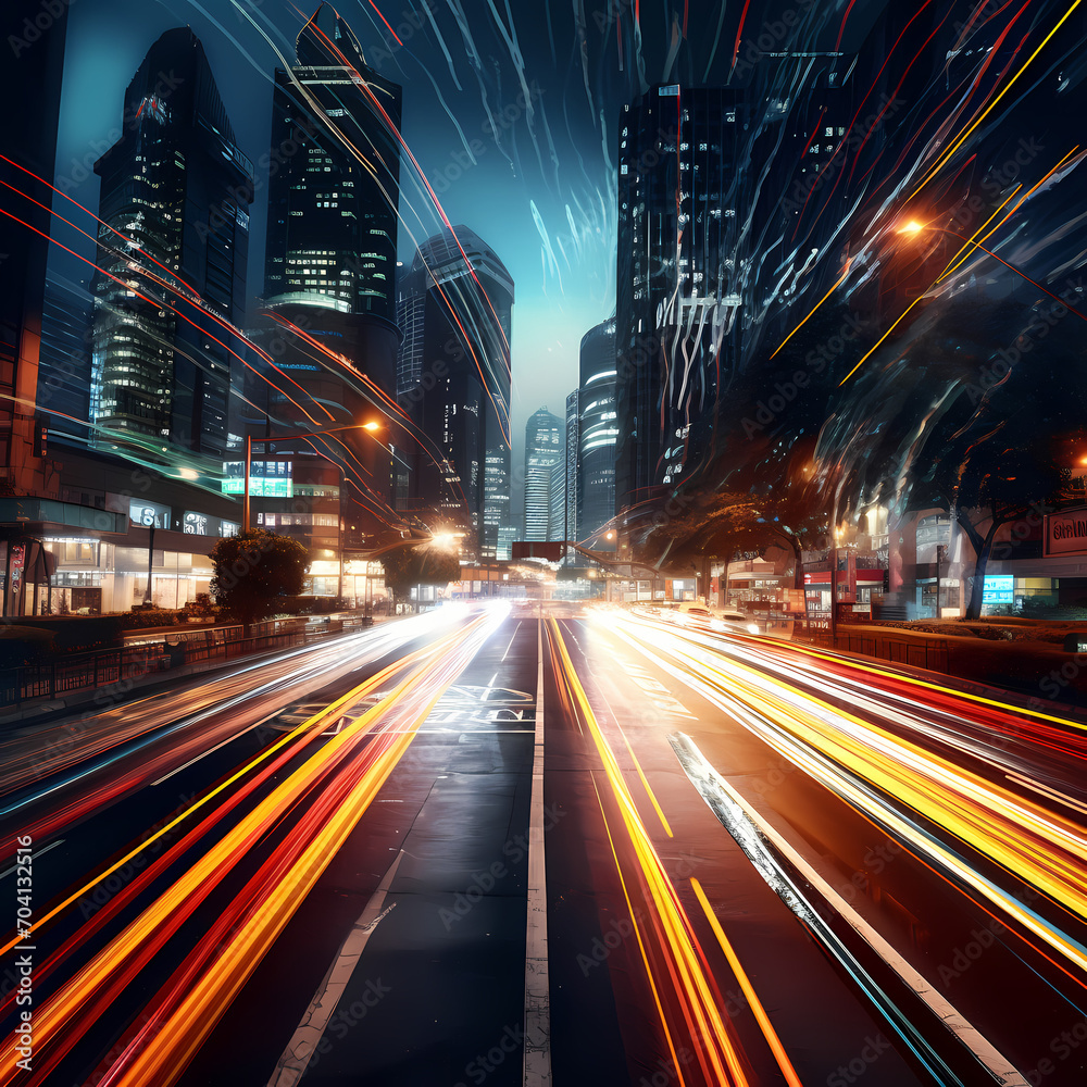 Dynamic cityscape with light trails from traffic.