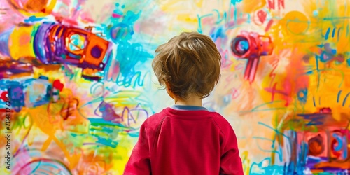 Child Contemplating Colorful Abstract Painting. Generative ai