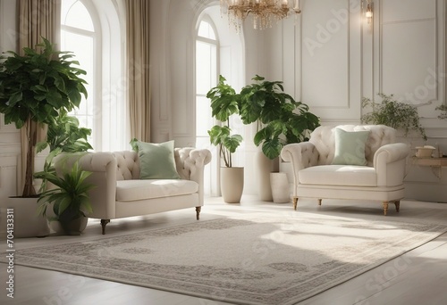 Contemporary classic white beige interior with green plant tree and decor carpet background © FrameFinesse