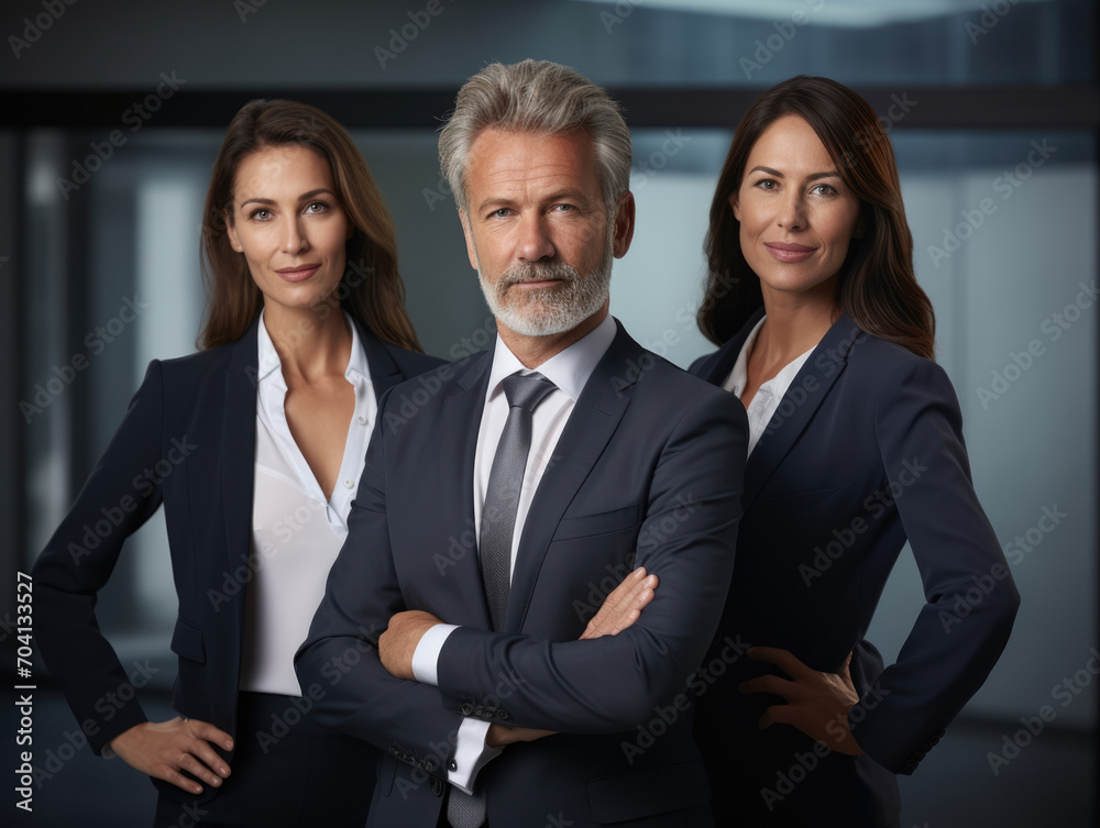 This image captures a triumphant business team of three individuals, standing side by side, sharing laughter that reflects their unity and success in the workplace. This image captures a triumphant business team of three individuals, standing side by side, sharing laughter that reflects their unity and success in the workplace.