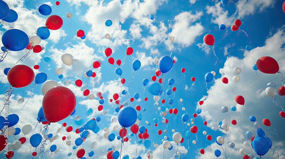 Red white and blue balloons being released into the sky, graphic banner