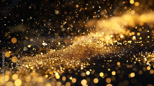 golden christmas sand powder and sprinkles for a holiday celebration like christmas new year. shiny golden lights. isolated dark black wallpaper background ads gifts wrap web design. Generative AI