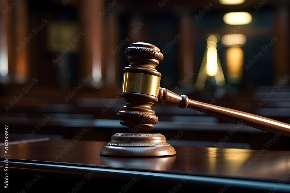 Law theme, mallet of judge, wooden gavel in courtroom