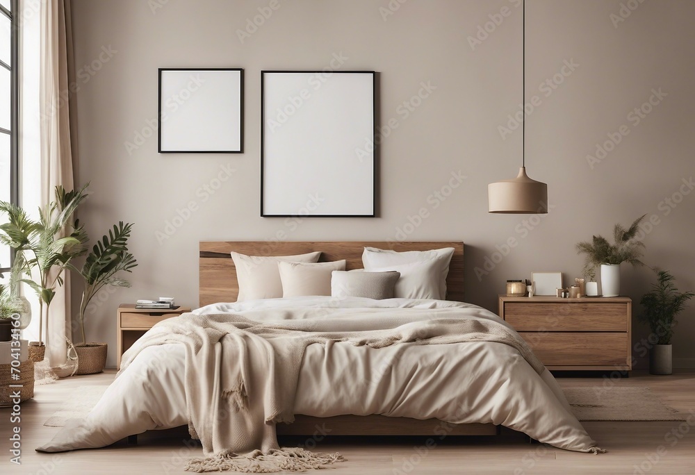 Fototapeta premium Two different size frame mockups in boho bedroom interior with wooden floor and white bed