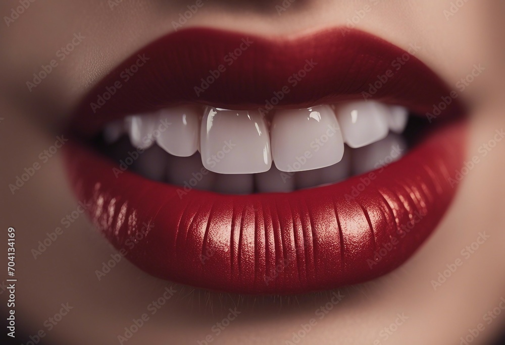 Obraz premium Red lipstick make up texture White teeth Beautiful smile Oral health