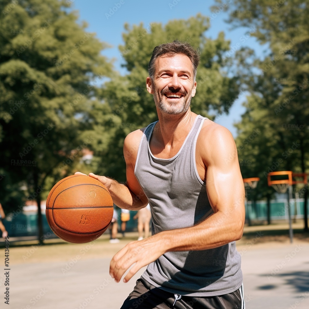 Fototapeta premium Smiling middle-aged man playing basketball on a sunny day