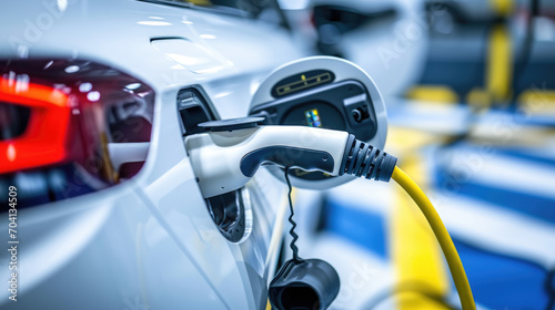 Close-up view of an electric vehicle undergoing charging.