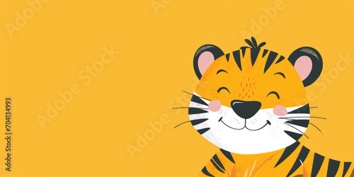 Cute tiger with happy positive smiling expression. Wide banner copy space on side. Clean background in only one colour © ImageHeaven