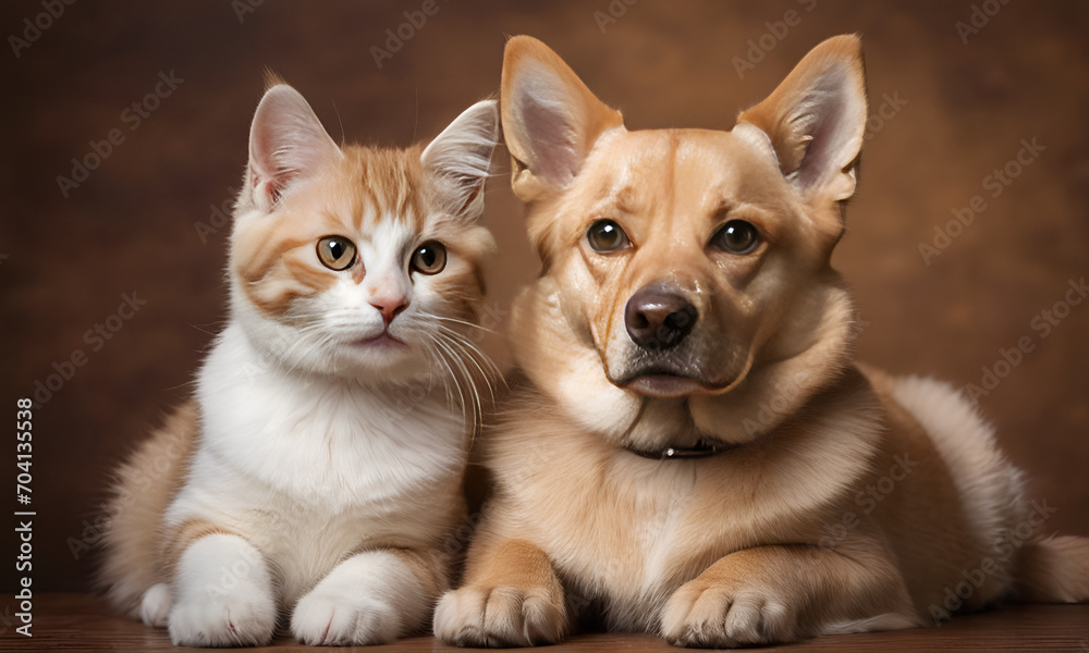 Mixed breed dog and cat friends portrait, Adorable kitten and dog together in studio on a brown background Mixed breed dog and cat friends portrait, Adorable kitten and dog together in studio on a brown background