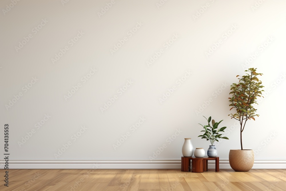 3D rendering of a room with a wooden floor, plants, and vases