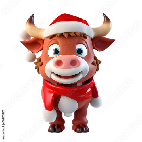 3d cartoon bull, christmas animal clipart, isolated on transparent background © VectorArt