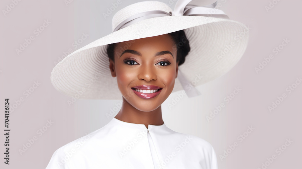 Beautiful, young and happy African American girl, wearing a white hat on a white background, close-up. The girl smiles and looks at the camera.