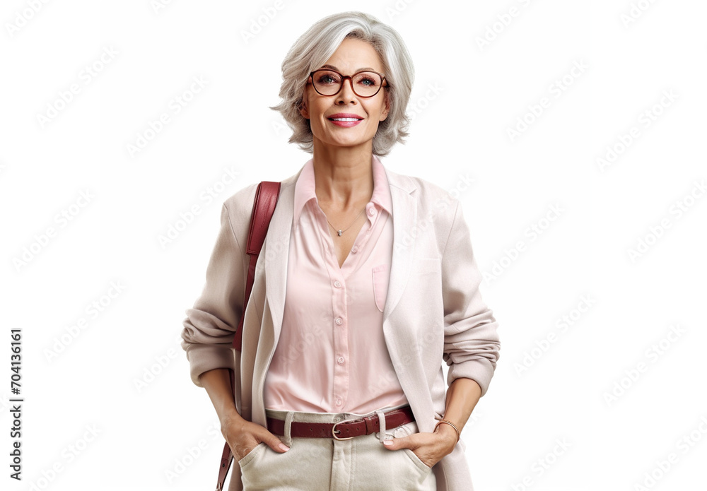 Stylish, beautiful elderly woman on a white background.