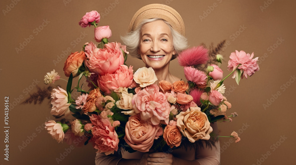 Adult woman with a bouquet of beautiful flowers.