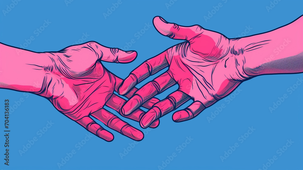 Close-up illustration of hands. Pink palms on a blue background.
