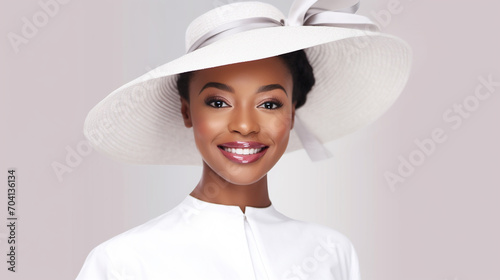 Beautiful, young and happy African American girl, wearing a white hat on a white background, close-up. The girl smiles and looks at the camera.