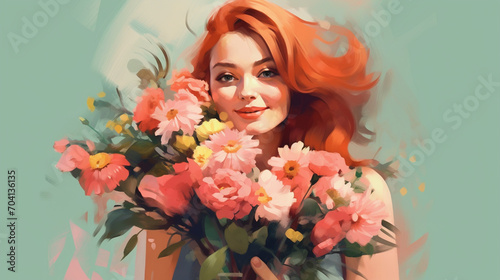 Obraz na płótnie Happy beautiful girl holding a gift bouquet of flowers. Young stylish woman with a flower bouquet. Mother's Day, Valentine's Day, March 8 Women's Day concept. Illustration on soft colors. w salonie