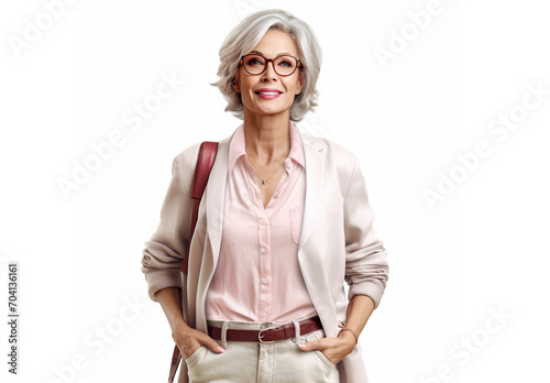 Stylish, beautiful elderly woman on a white background.