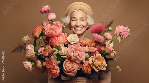 Obraz na płótnie Adult woman with a bouquet of beautiful flowers. w salonie