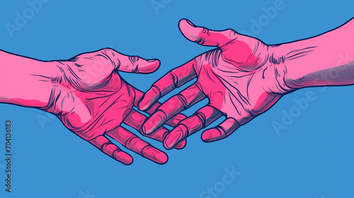 Obraz na płótnie Close-up illustration of hands. Pink palms on a blue background. w salonie