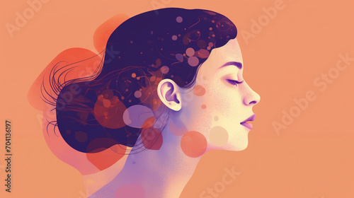 Illustration of a woman's face in profile with purple and orange spots. photo