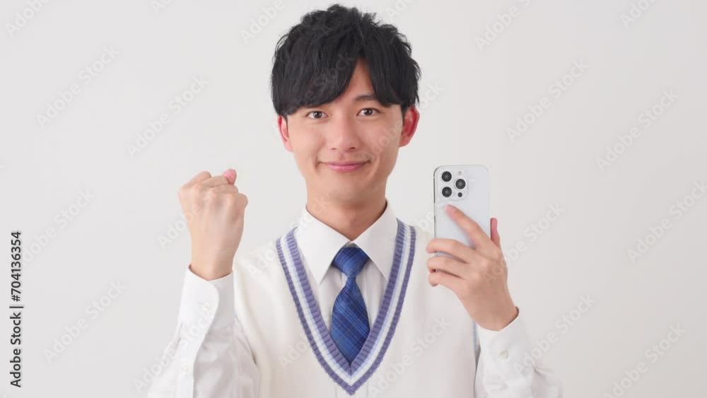 スマートフォンを持ってガッツポーズをする男子高校生　白背景