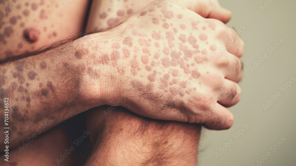Man suffering from psoriasis spots all over the skin. Psoriasis day.