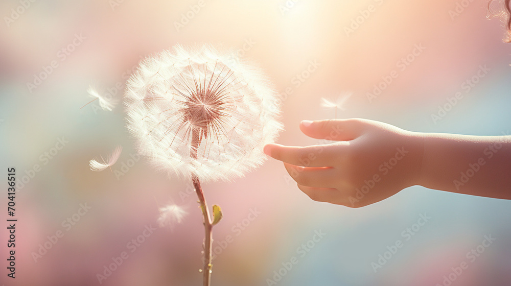 World Kindness Day banner, November 13th. Holding hand with a fluffy dandelion. Illustration, soft color.