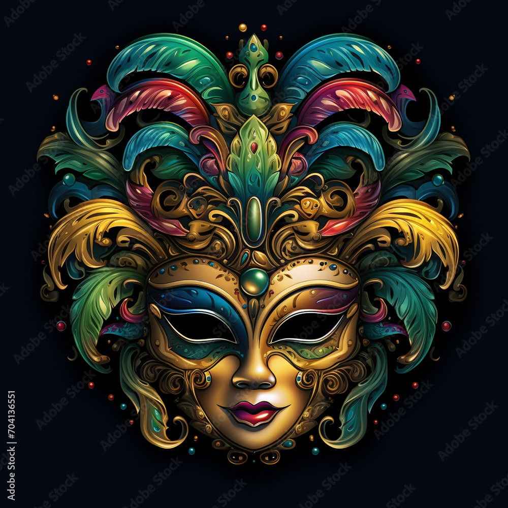 Carnival style, multi-colored masks with multi-colored plumage on black.