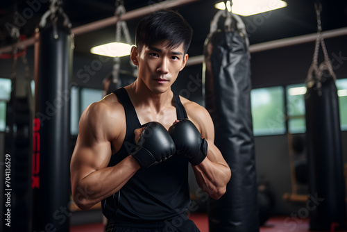 Portrait of young asian man boxing with punching bag in gym