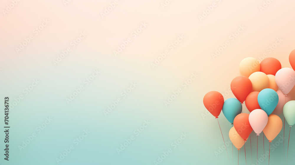 Helium multi-colored balloons on a gradient soft blue background. Minimalistic background with space for text.
