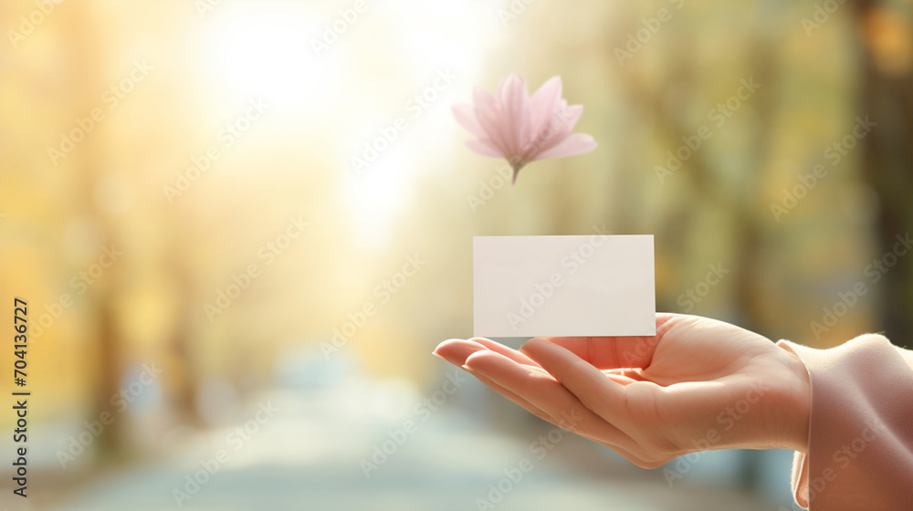 Female hand holds a blank sheet for advertising on a lush green background.
