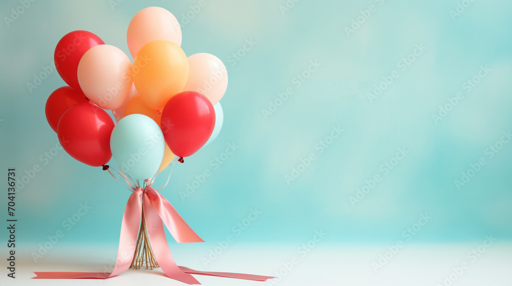 Helium multi-colored balloons on a gradient soft blue background. Minimalistic background with space for text.