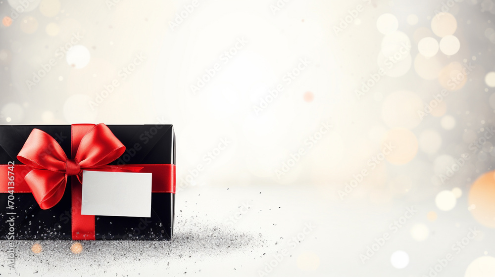 Gift in a black box with a red bow, on a blurry background with clean paper for the text
